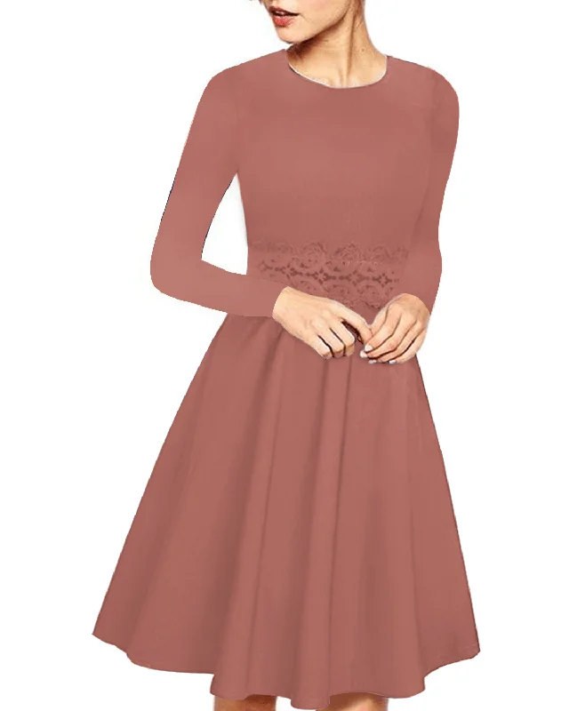 Limited Time Offer modern dressWomen Elegant Long Sleeve Lace Patchwork Midi a Line Dress