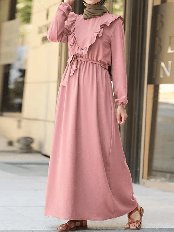 Deal Zone chic dressWomen Ruffle Trims Lace-Up Solid Color O-Neck Casual Long Sleeve Maxi Dress
