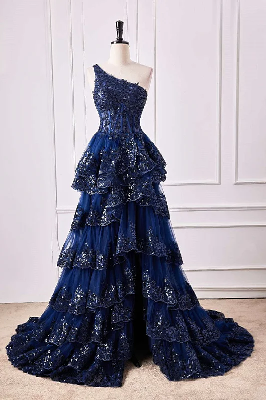 Special Price modern dressDark Navy One Shoulder Floral Layers A-line Long Prom Dress with Slit