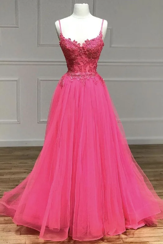 Year-End Clearance trendy mini dressHot Pink Floral Spaghetti Straps A-line Long Prom Dress