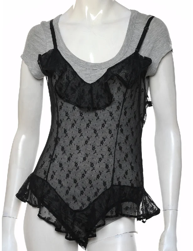 Crazy Deals lightweight coatBlack Sheer Lace Bodysuit - M