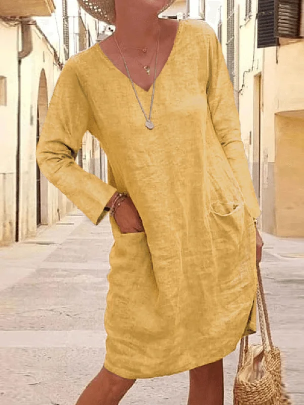Deal Alert chic shift dressWomen Cotton Solid V-Neck Casual Long Sleeve Midi Dress with Pockets - Stylish and Comfortable