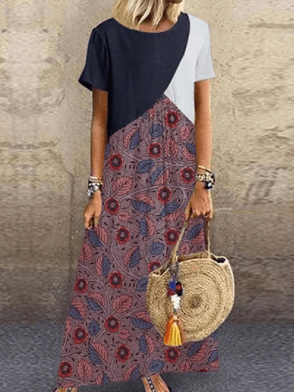 Inventory Reduction t-shirt dressWomen Patchwork O-Neck Side Pockets Short Sleeve Dress