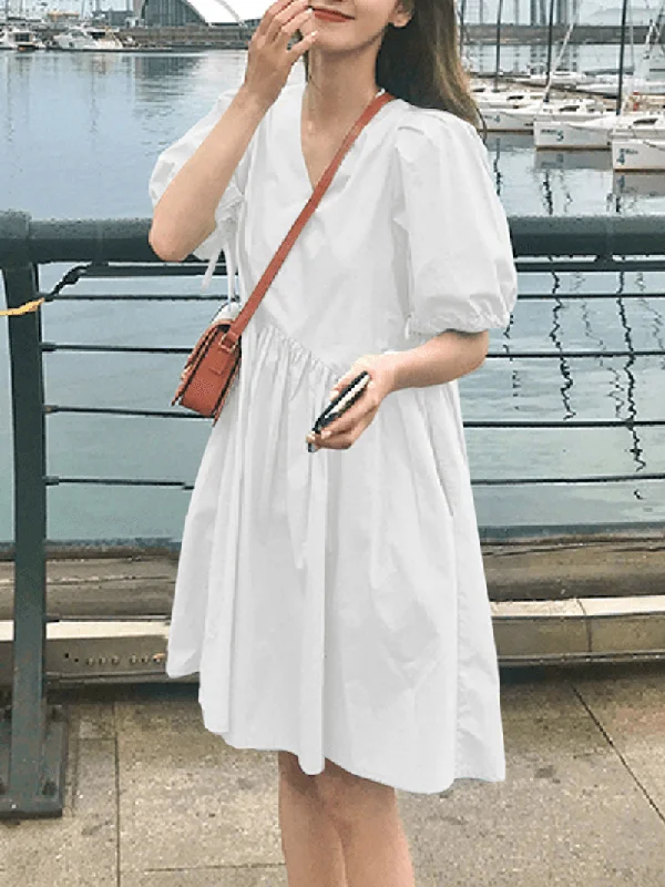 Closeout form-fitting dressWomen Solid Color Puff Sleeve V-Neck Pleats Plain Daily Casual Midi Dress