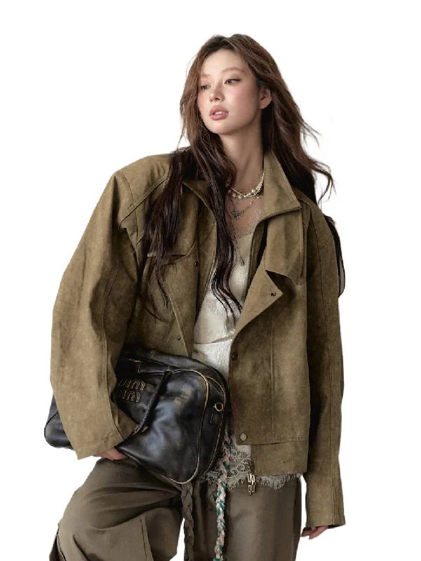 modern coatKhaki & Gray Studded Loose-fitting Jacket