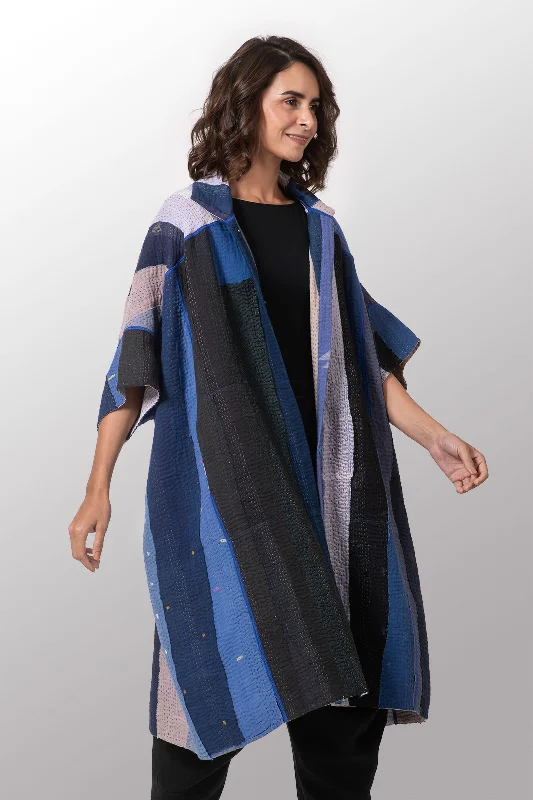 Stock Clearance COTTON STRIPE PATCH KANTHA WIDE SHIRT DRESS - cs4448-blu -