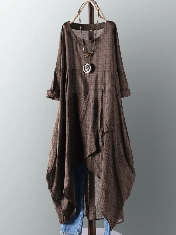 Epic Deals lace-up dressVintage Women Cotton Pocket Plaid Irregular Hem Maxi Dress