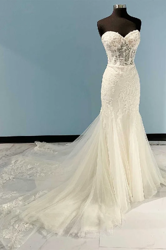 Price Cut high-waisted dressPrincess White Sweetheart Appliques Mermaid Long Wedding Dress