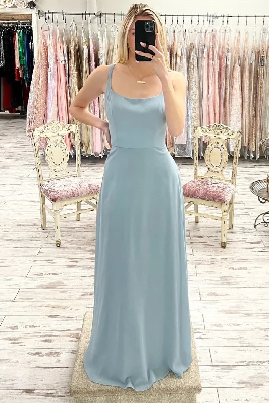 Massive Deals structured dressDusty Blue Satin Scoop Neck Long Prom Dress