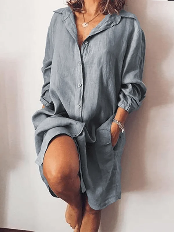 Final Clearance fitted dressWomen Loose Casual Long Sleeve V-Neck Button Pocket Shirt Dress
