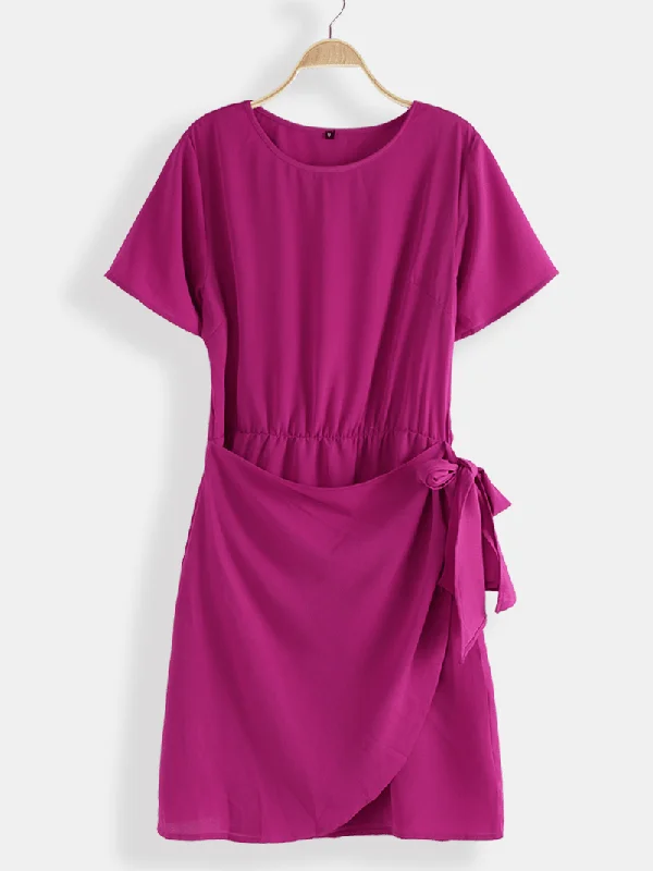 Bonus Savings evening dressWomen Solid Color O-Neck Bandage Short Sleeve Mini Dress