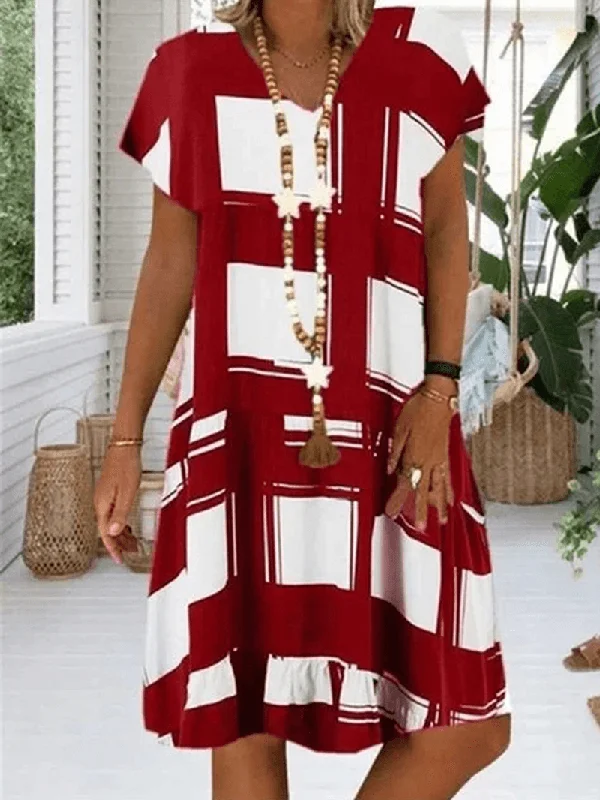 Midnight Madness casual knit dressCasual Plaid V-Neck Short Sleeve Mini Loose Dress