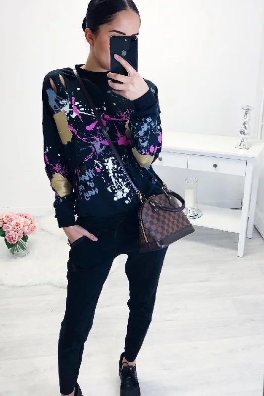 Online Only pullover for gymBlack Distressed Paint Splatter Jumper - Mina