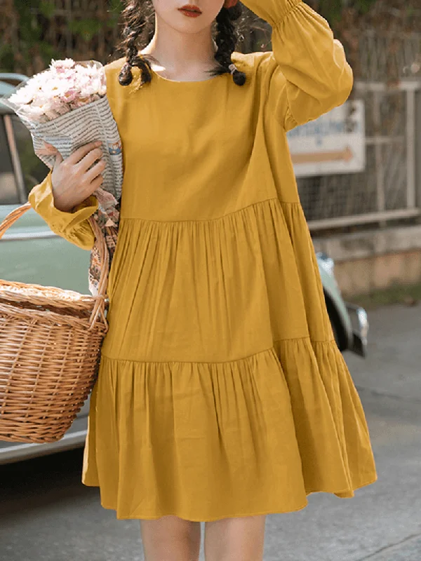 Daily Deals backless dressWomen Cotton Solid Color Pleats O-Neck Long Sleeve Casual Dress