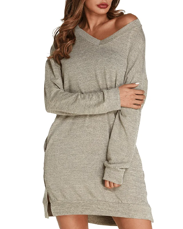 Amazing Deals wrap-around dressWomen Long Sleeve Side Split Loose Casual Pullover Sweatshirt Dress with Pockets