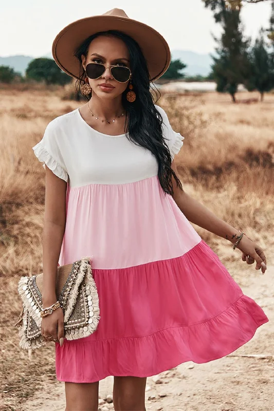 Exclusive Deal comfy dressColor Block Round Neck Tiered Dress
