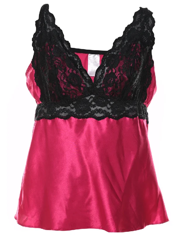 Warehouse Sale high-quality coatContrast Pink & Black Lace Trim Silky Babydoll - M