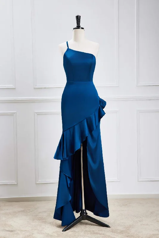 Deal Zone evening dressBlue One Shoulder Ruffled Mermaid Hi-Low Bridesmaid Dress