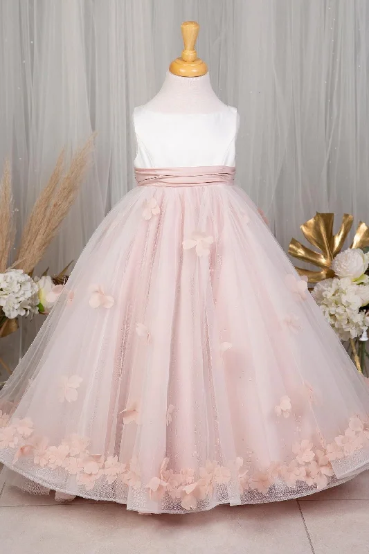 Act Now lace dressPink Sleeveless 3D Floral Appliques Long Flower Girl Dress with Sash