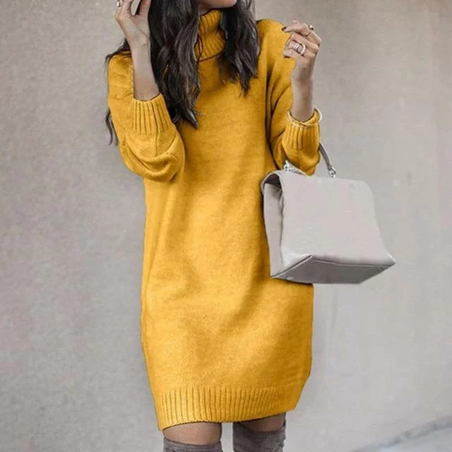 Special Price winter dressElegant Solid Color Knitted Dress