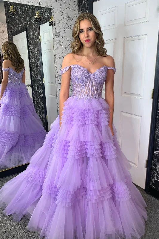 Take Advantage lace-up dressLavender Off-Shoulder Floral A-line Layers Long Prom Dress