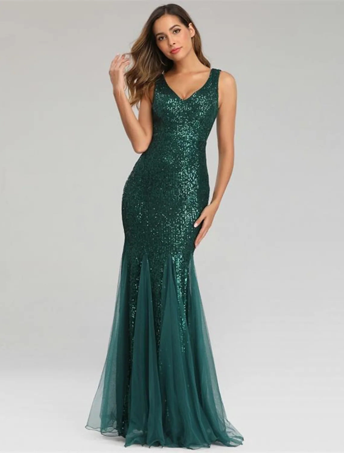 Special Price Sparkle Sexy Party Wear Formal Evening Dress V Neck Sleeveless Floor Length Sequined with