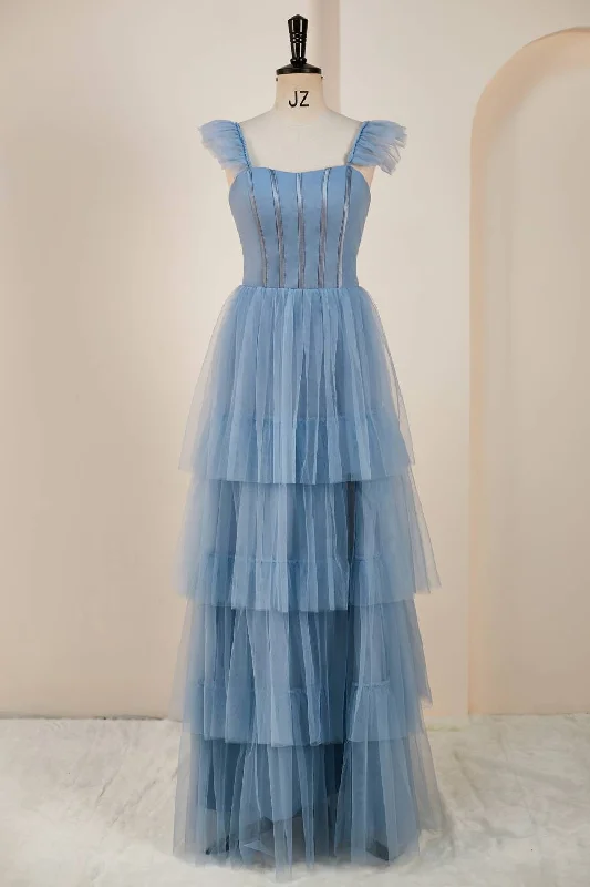 Closeout denim dressDusty Blue Flutter Sleeves A-line Multi-Layers Long Prom Dress with Slit