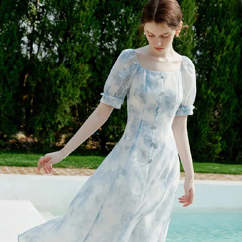 Huge Discounts boho dressSummer Elegance: Blue Floral Mid-Calf Dress for Women