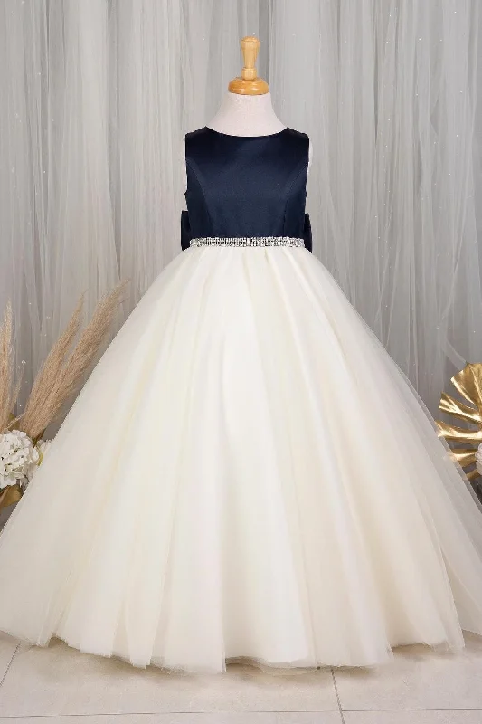 Season Finale Sale vintage dressNavy and White Jewel Beaded Sleeveless Long Flower Girl Dress with Bow