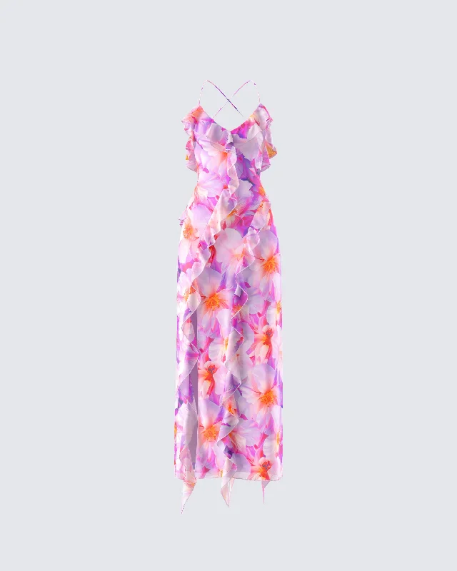 pleated dressKenya Pink Floral Ruffle Maxi Dress