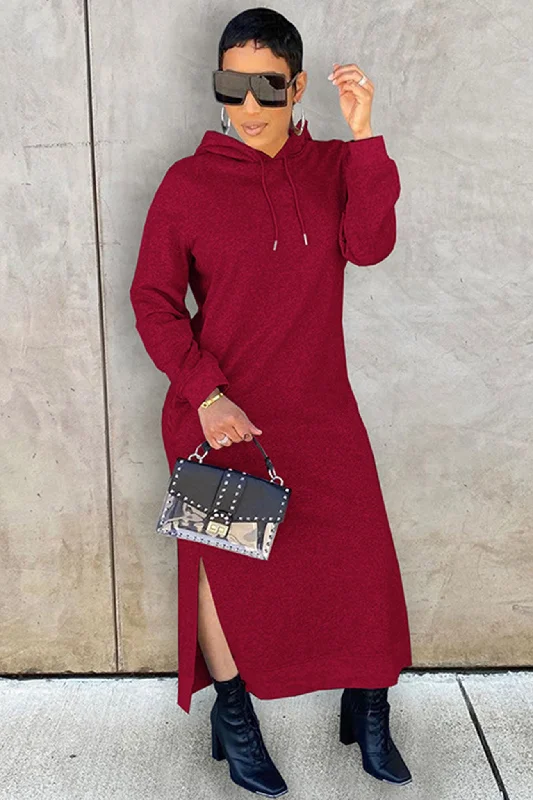 casual evening dressSolid Slit Hem Hoodie Dress