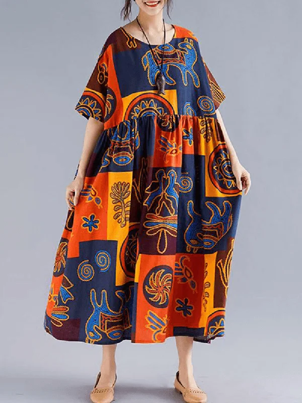 Act Now ruched dressWomen Retro Folk Style Print Loose O-Neck Short Sleeve Dress