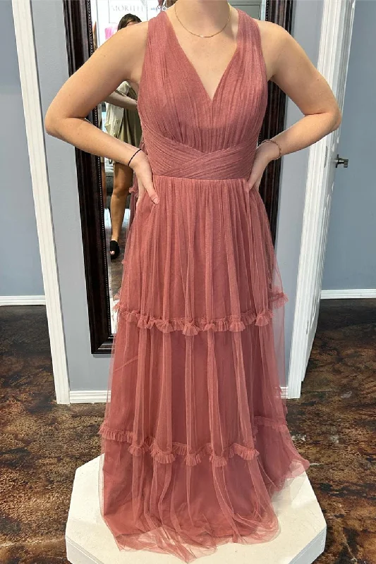 Huge Discounts casual shift dressDusty Rose Halter A-line Ruffles Tulle Long Bridesmaid Dress