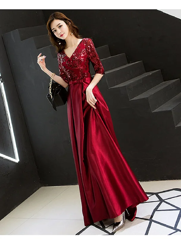 Deal of the Day A-Line Sparkle Elegant Wedding Guest Prom Formal Evening Dress V Neck Half Sleeve Floor Length Satin with Deal of the Day A-Line Sparkle Elegant Wedding Guest Prom Formal Evening Dress V Neck Half Sleeve Floor Length Satin with