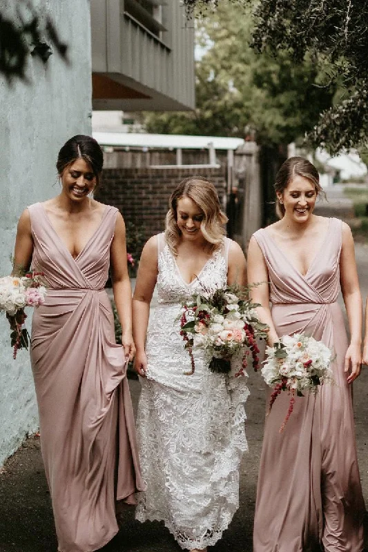 Huge Discounts tiered dressElegant V Neck Blush Pink Long Bridesmaid Dress