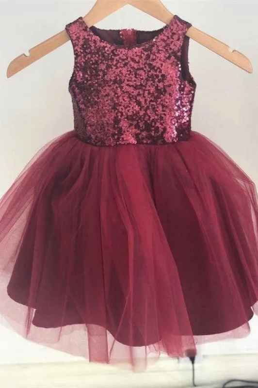 Price Rollback trendy wrap dressBurgundy Sequins Rounded Neck Flower Girl Dress