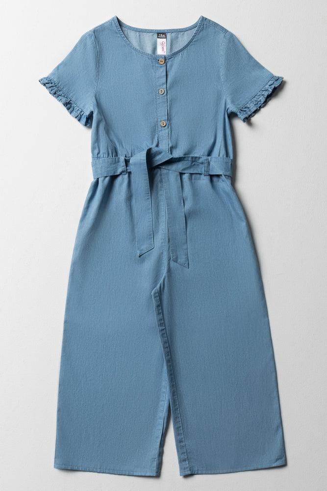 playful dressDenim Belted Jumpsuit With Frill Sleeves Blue