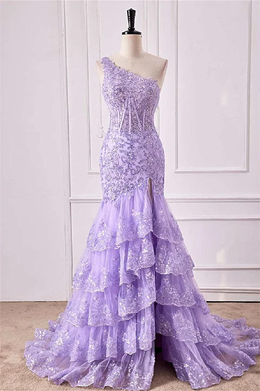 Year-End Sale backless dressLavender One Shoulder Floral Layers Mermaid Long Prom Dress with Slit