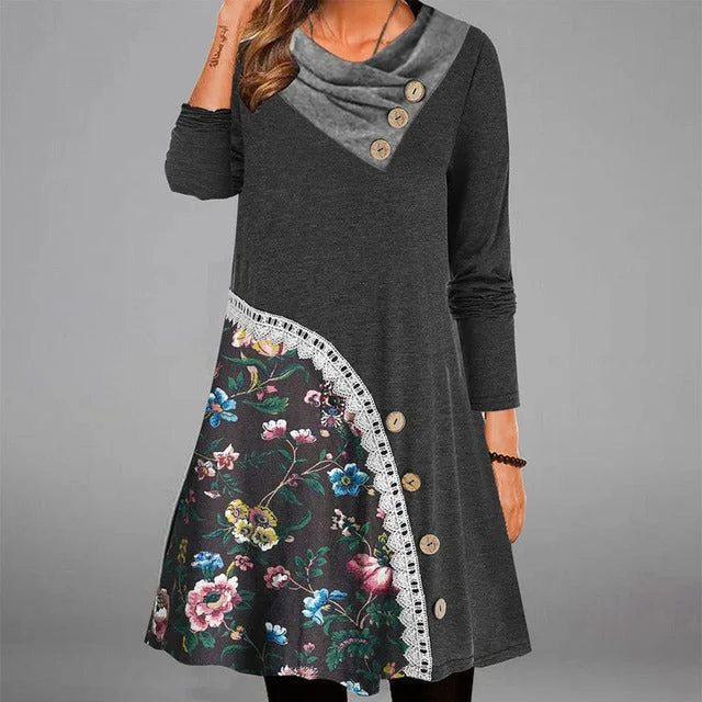 New Deals comfy maxi dressLace Patchwork Floral Print Dress