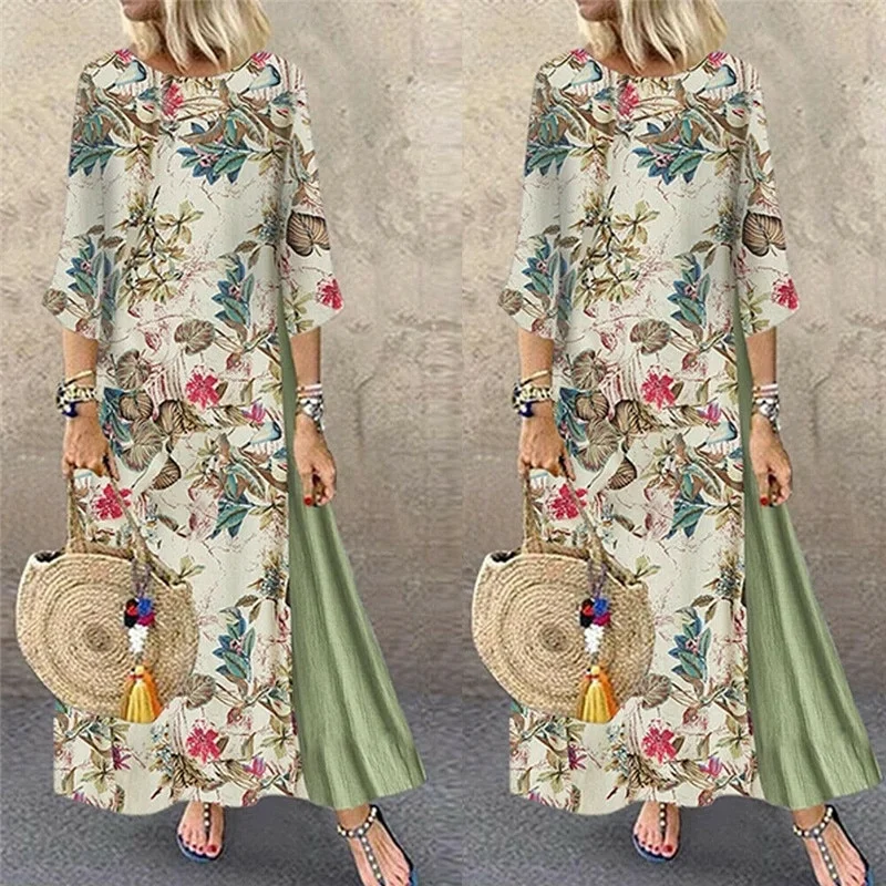 Bargain Blast stylish party dressWomen Floral Print O-Neck 3/4 Sleeve Casual Belted Maxi Dresses
