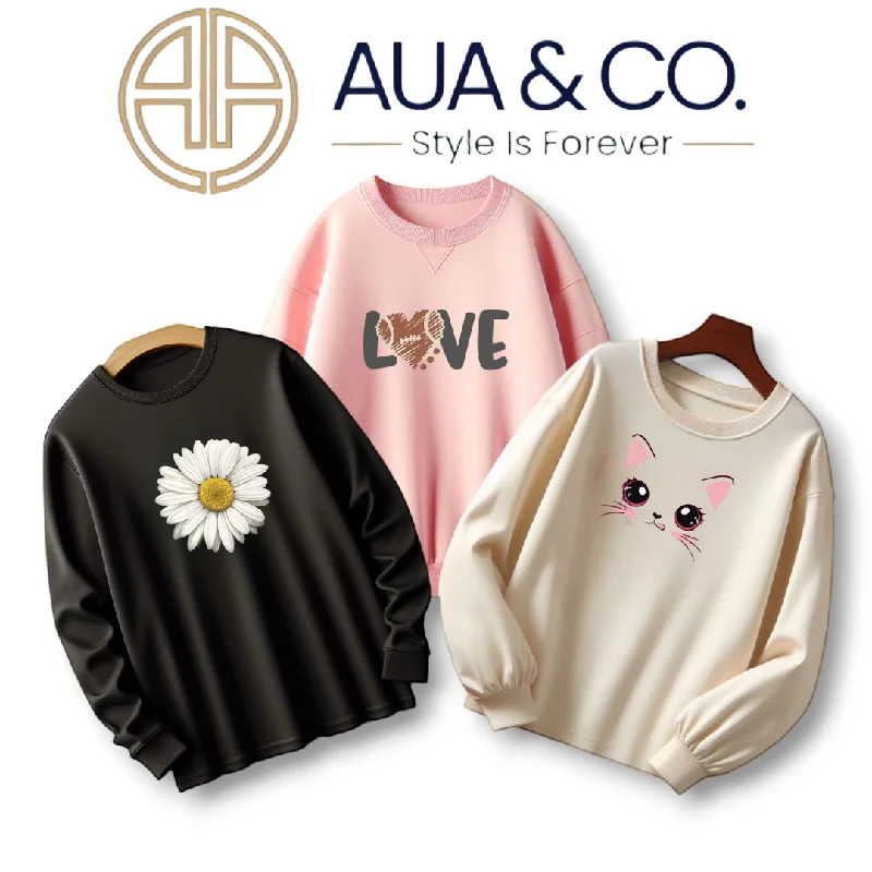 loose fit athletic hoodieAUA&CO Pack Of 3 Women Sweatshirts - Black, Pink, Cream Beige With Unique Prints 🌸 |