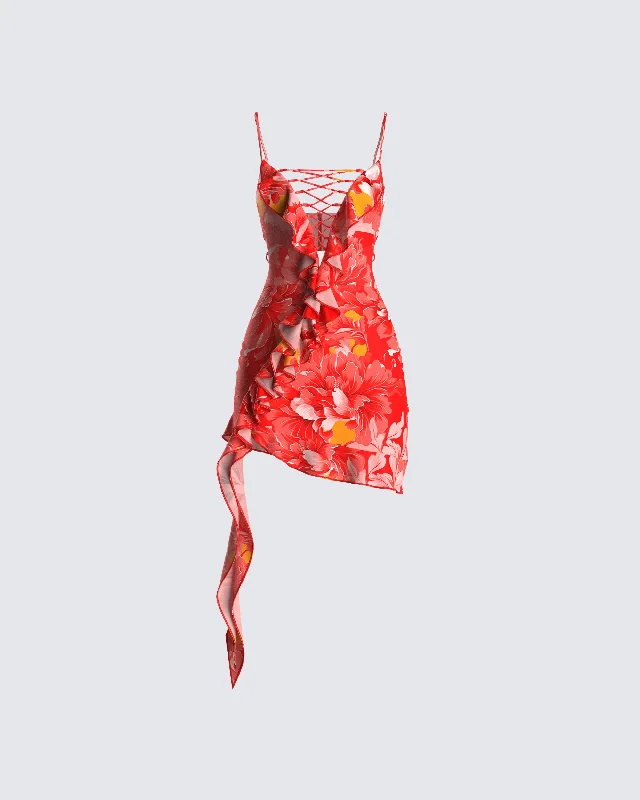 Weekend Flash Sale bodycon dressAviva Red Floral Print Mini Dress
