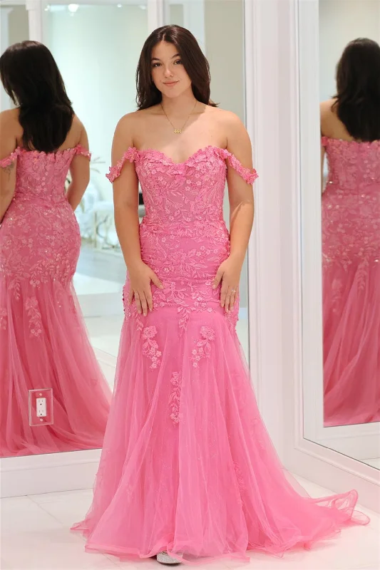 Instant Discount elegant evening dressPink Off-Shoulder Floral Appliques Mermaid Long Prom Dress