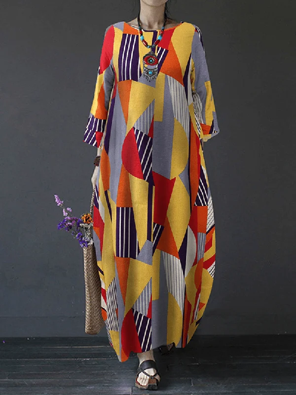 Get It Before It’s Gone casual knit dressLong Sleeve O-Neck Geometry Print Loose Cotton Baggy Maxi Dress