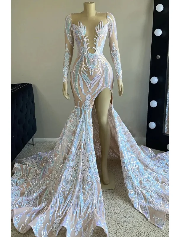 Customer Appreciation Sale Evening Gown Floral Dress Formal Chapel Train Long Sleeve V Neck Sequined Backless with Sequin Slit