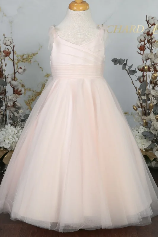 Instant Savings party dressPink Bow Tie Shoulder Pleated Tulle Long Flower Girl Dress