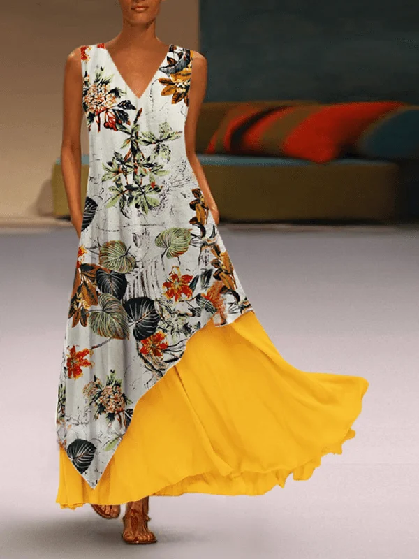 Online Only satin dressWomen Sleeveless Floral Irregular Hem Two-Piece Pocket Dress