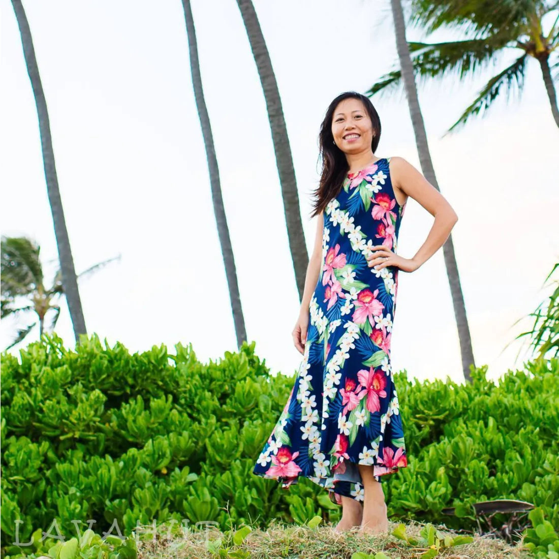 Major Savings Orchid Play Blue Lehua Hawaiian Dress