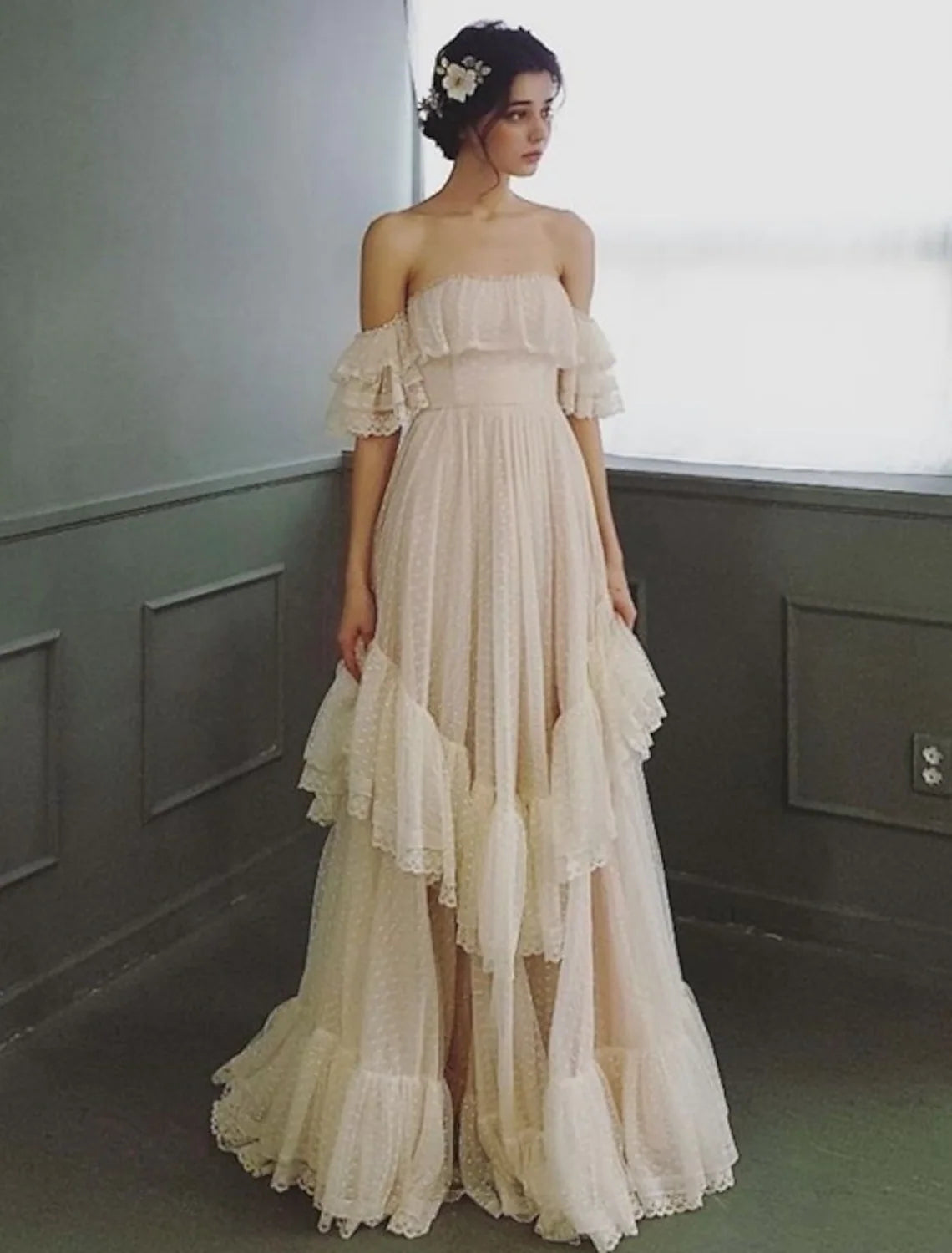 New Markdowns Wedding Dresses  A-Line Short Sleeve Off Shoulder Lace With Ruffles