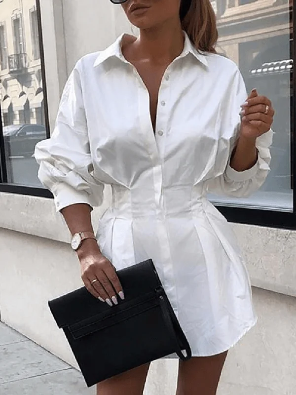Incredible Offers elegant shift dressWomen Solid Lapel Long Sleeves Tie Waist Casual Shirt Dress